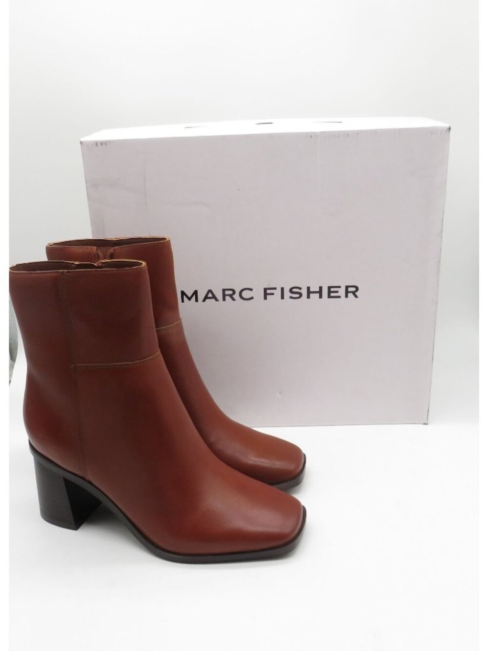 Marc Fisher Womens Dairey Dark Natural Leather Block Heel Boots Size 5M NEW